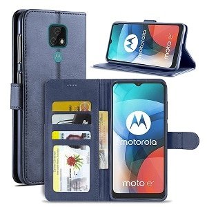 Motorola Moto E7 Wallet Case Flip Leather Magnetic Stand Shockproof Cover (Navy Blue)