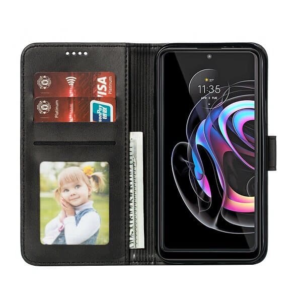 Motorola Moto Edge 20 Pro 5G Wallet Case Flip Leather Card Slots Shockproof Magnetic Stand Cover (Black) (1)