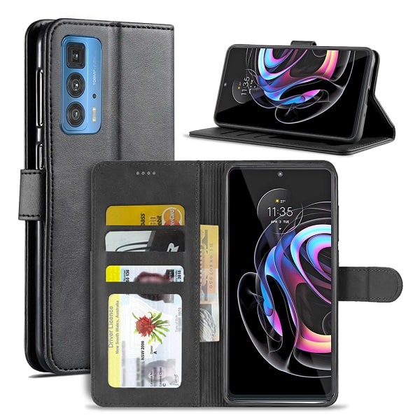 Motorola Moto Edge 20 Pro 5G Wallet Case Flip Leather Card Slots Shockproof Magnetic Stand Cover (Black)