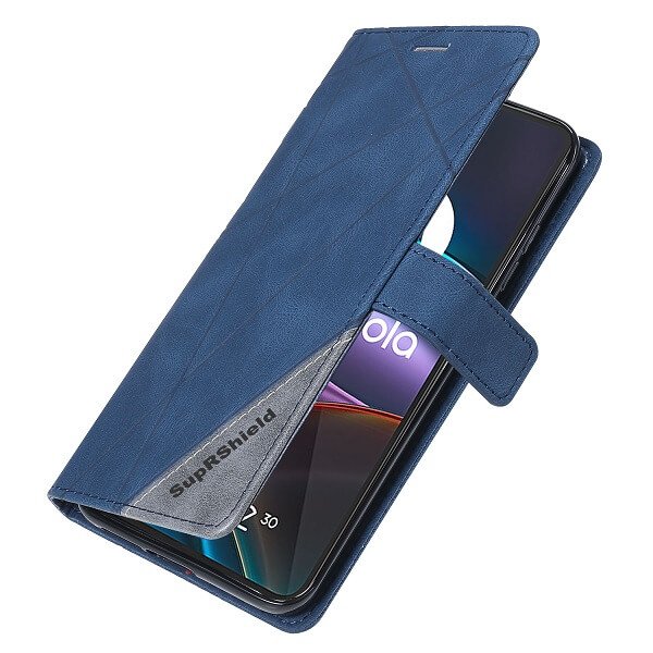 Motorola Moto Edge 30 5G SupRShield Wallet Leather Card Holder Flip Protective Shockproof Magnetic Case Cover (Navy Blue)