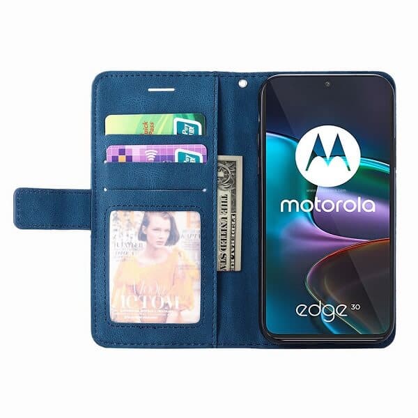 Motorola Moto Edge 30 5G SupRShield Wallet Leather Card Holder Flip Protective Shockproof Magnetic Case Cover (Navy Blue)