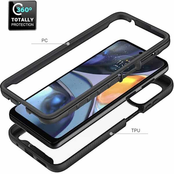 Motorola Moto G22 Military Grade Full Body Shockproof Clear Heavy Duty Case Bumper Drop Protection Tough Cover (Black)
