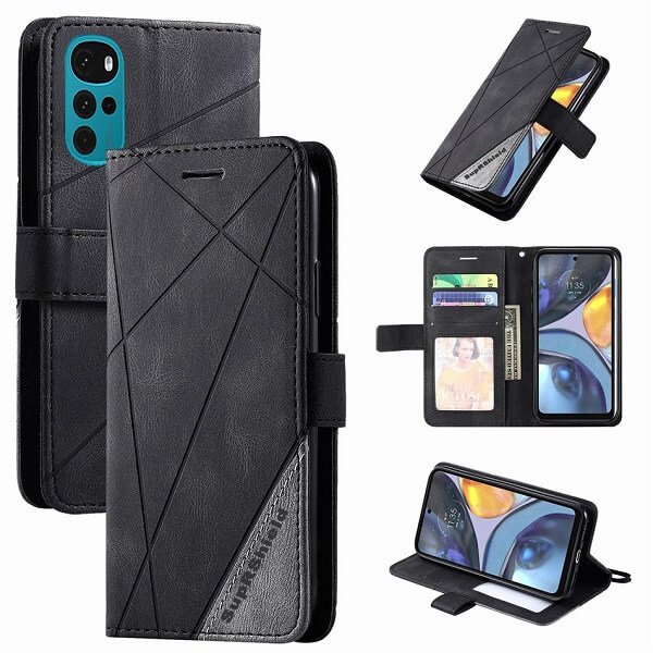 Motorola Moto G22 SupRShield Wallet Leather Card Holder Flip Protective Shockproof Magnetic Case Cover (Black)
