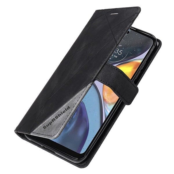 Motorola Moto G22 SupRShield Wallet Leather Card Holder Flip Protective Shockproof Magnetic Case Cover (Black)