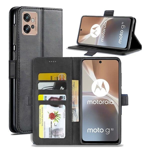 Motorola Moto G32 Wallet Case Flip Leather Card Slots Magnetic Stand Cover (Black)