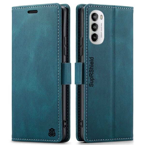 For Motorola Moto G82 5G Case RFID Blocking Retro Flip Premium Leather Card Holder Wallet Cover – (Navy Blue)