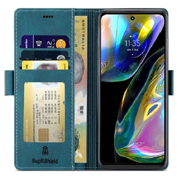 For Motorola Moto G82 5G Case RFID Blocking Retro Flip Premium Leather Card Holder Wallet Cover – (Navy Blue)