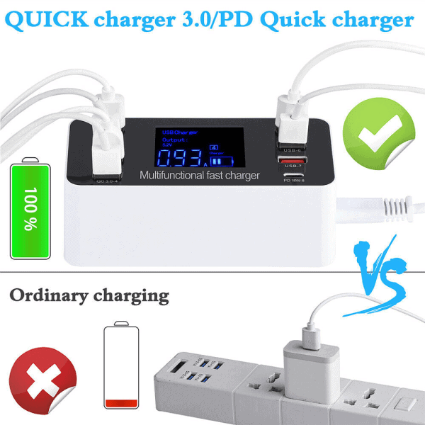 Multi Port USB Charger HUB 8 Port Fast Charging Quick Charge QC3.0 PD Charger LED Display Charging Station Mobile Phone Desktop Wall Home
