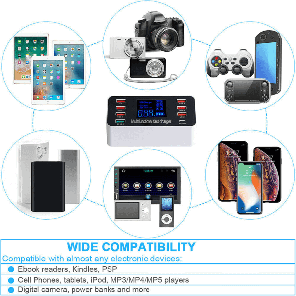 Multi Port USB Charger HUB 8 Port Fast Charging Quick Charge QC3.0 PD Charger LED Display Charging Station Mobile Phone Desktop Wall Home