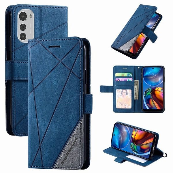 Motorola Moto E32 SupRShield Wallet Leather Card Holder Flip Protective Shockproof Magnetic Case Cover (Navy Blue)
