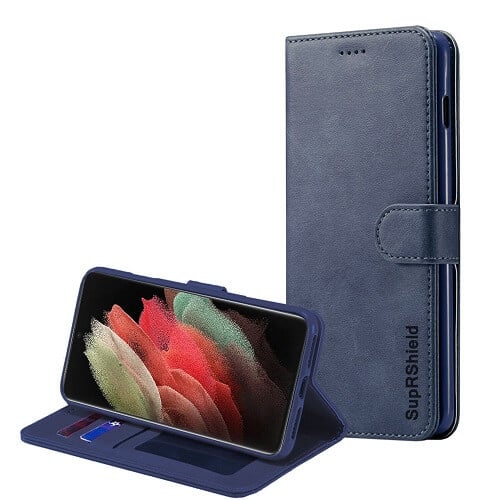 Samsung Galaxy S21 Ultra SupRShield Wallet Leather Card Holder Flip Protective Shockproof Magnetic Case Cover (Navy Blue)