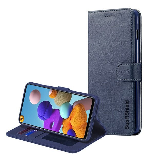 Samsung Galaxy A21s Wallet Case Flip Leather Card Slots Cover (Navy Blue)