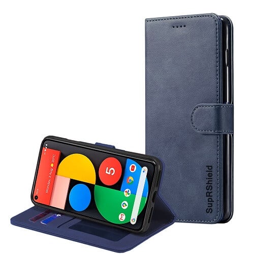 Google Pixel 5 Wallet Case Flip Leather Card Slots Pocket Magnetic Stand Cover (Navy Blue )