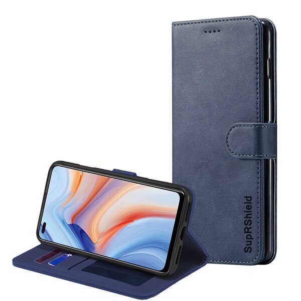 Oppo Reno4 5G Wallet Case Flip Leather Card Slots Pocket Magnetic Stand Cover (Navy Blue)