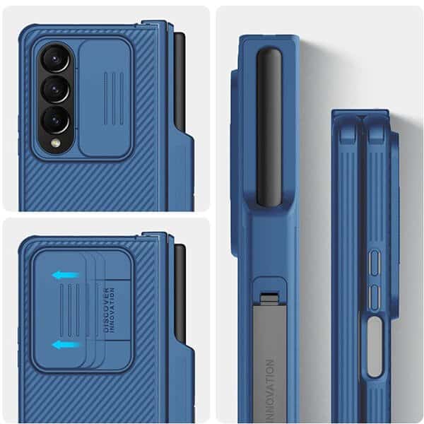Nillkin CamShield Samsung Galaxy Z Fold 4 Fold4 5G Slide Camera Back Protective S Pen Holder 360° Fiber Cover Kickstand With S-Pen Pocket (Blue)
