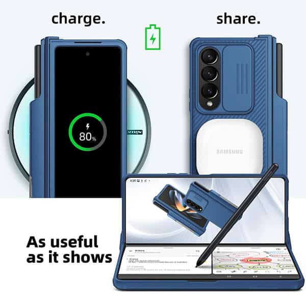 Nillkin CamShield Samsung Galaxy Z Fold 4 Fold4 5G Slide Camera Back Protective S Pen Holder 360° Fiber Cover Kickstand With S-Pen Pocket (Blue)