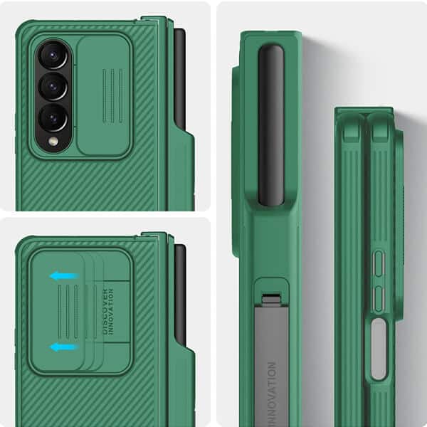 Nillkin CamShield Samsung Galaxy Z Fold 4 Fold4 5G Slide Camera Back Protective S Pen Holder 360° Fiber Cover Kickstand With S-Pen Pocket (Green)