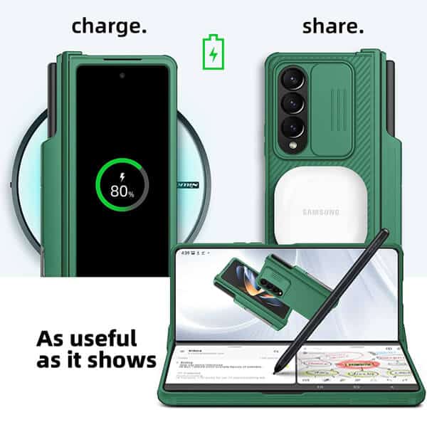 Nillkin CamShield Samsung Galaxy Z Fold 4 Fold4 5G Slide Camera Back Protective S Pen Holder 360° Fiber Cover Kickstand With S-Pen Pocket (Green)