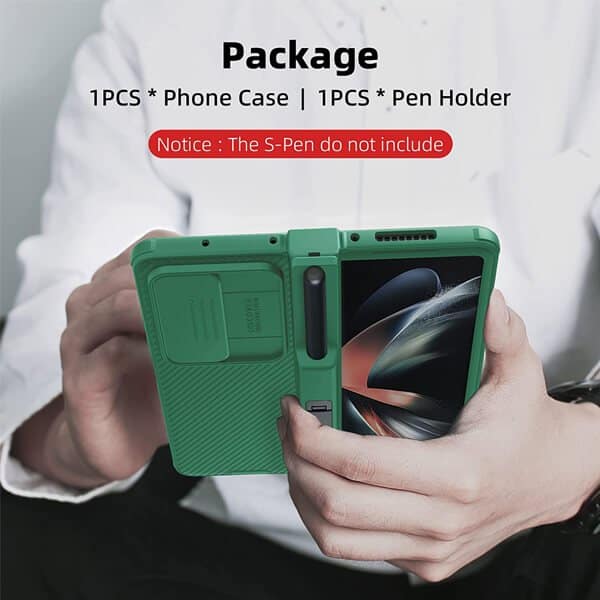 Nillkin CamShield Samsung Galaxy Z Fold 4 Fold4 5G Slide Camera Back Protective S Pen Holder 360° Fiber Cover Kickstand With S-Pen Pocket (Green)