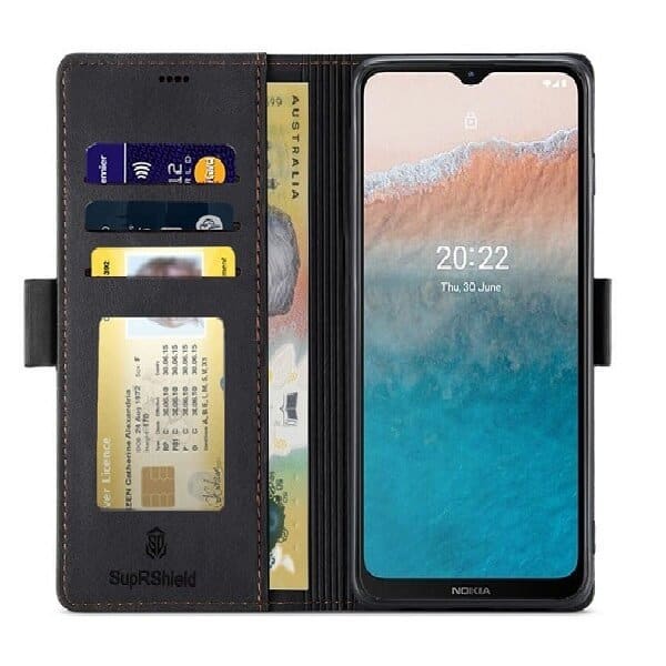 For Nokia C21 Plus Case RFID Blocking Retro Flip Premium Leather Card Holder Wallet Cover – (Black)