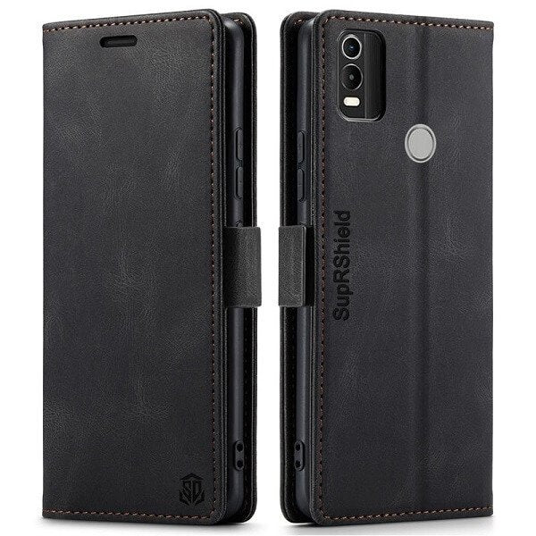 For Nokia C21 Plus Case RFID Blocking Retro Flip Premium Leather Card Holder Wallet Cover – (Black)