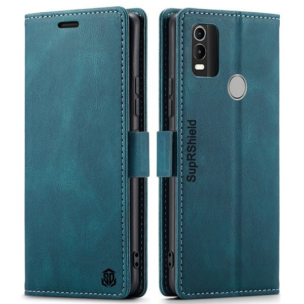 For Nokia C21 Plus Case RFID Blocking Retro Flip Premium Leather Card Holder Wallet Cover – (Navy Blue)