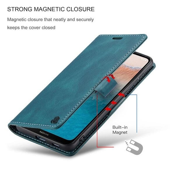 For Nokia C21 Plus Case RFID Blocking Retro Flip Premium Leather Card Holder Wallet Cover – (Navy Blue)