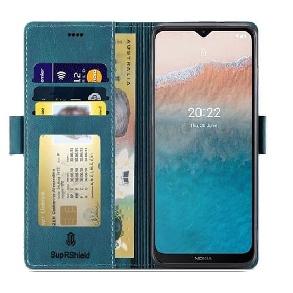 For Nokia C21 Plus Case RFID Blocking Retro Flip Premium Leather Card Holder Wallet Cover – (Navy Blue)