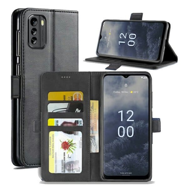 Nokia G60 Wallet Case Flip Leather Card Slots Magnetic Stand Cover (Black)
