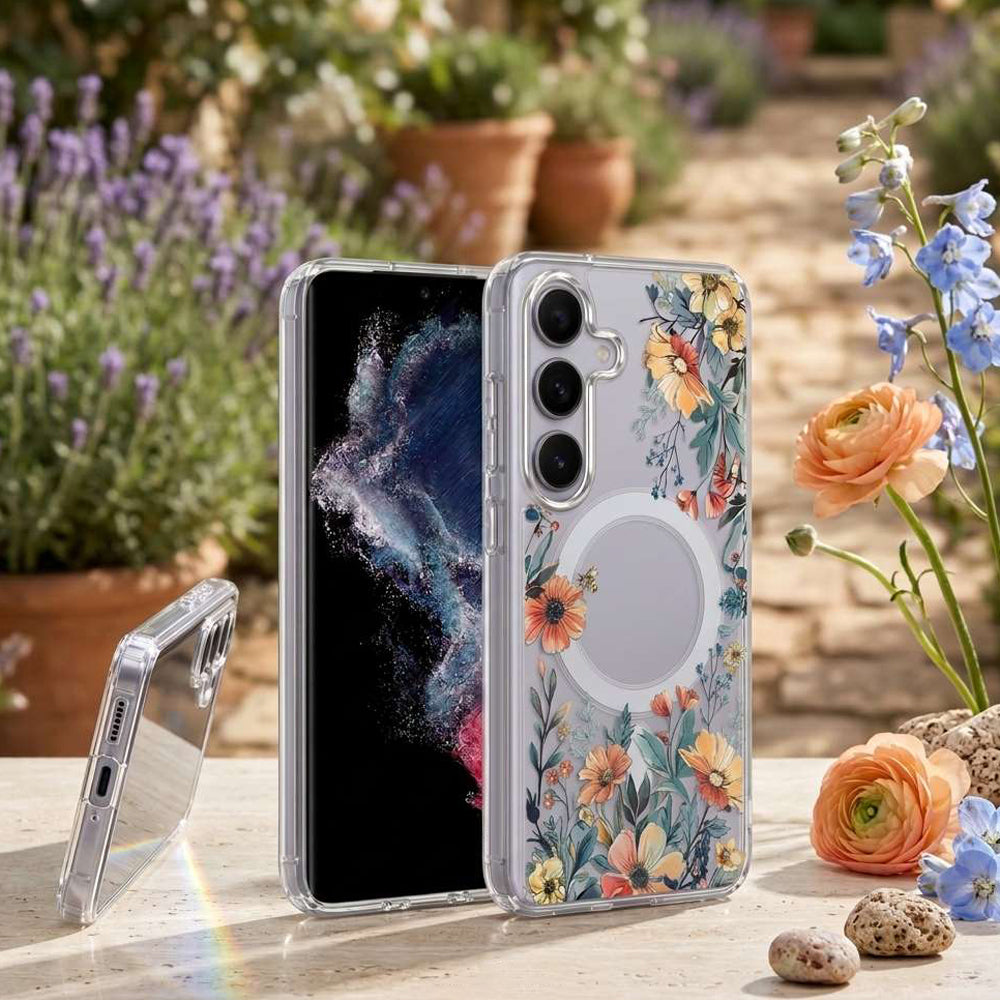 For Samsung Galaxy S26/S25/S24 Ultra Cute Floral Flower Pattern Hard Clear MagSafe Magnetic Protective Back Case Cover