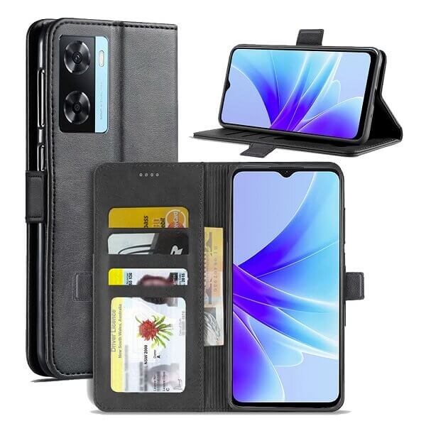 Oppo A57S A57 5G Wallet Case Flip Leather Card Slots Magnetic Stand Cover (Black)