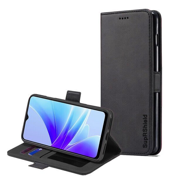 Oppo A57S A57 5G Wallet Case Flip Leather Card Slots Magnetic Stand Cover (Black)