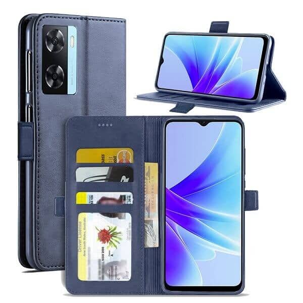 Oppo A57S A57 5G Wallet Case Flip Leather Card Slots Magnetic Stand Cover (Navy Blue)
