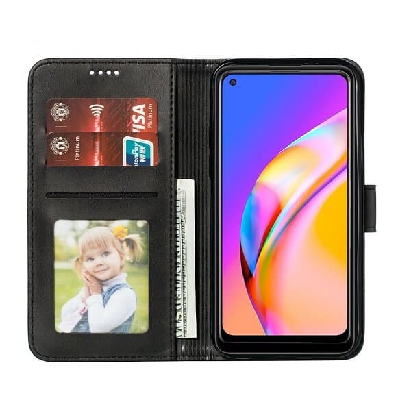 Oppo A94 5G Wallet Case Flip Leather Card Slots Magnetic Stand Cover (Black)