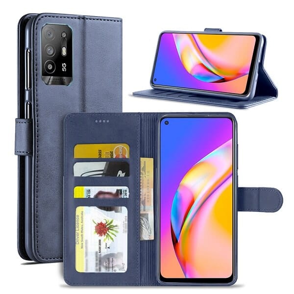 Oppo A94 5G Wallet Case Flip Leather Card Slots Magnetic Stand Cover (Navy Blue)