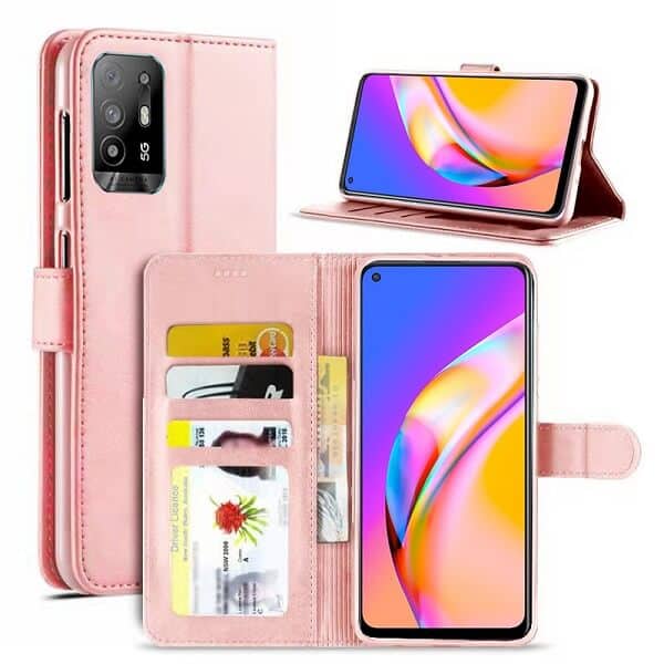 Oppo A94 5G Wallet Case Flip Leather Card Slots Magnetic Stand Cover (Rose Gold)