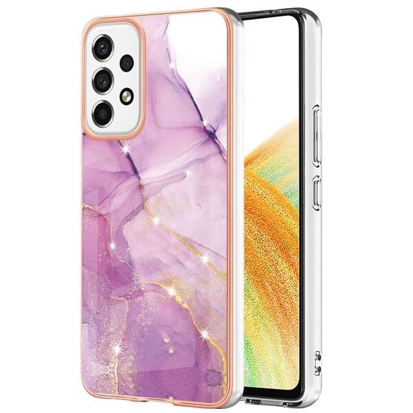 Purple Flower Pattern Marble Case For Samsung Galaxy A33 5G, Shockproof Heavy Duty Cover, Screen Protector, Charging Cable & Adapter