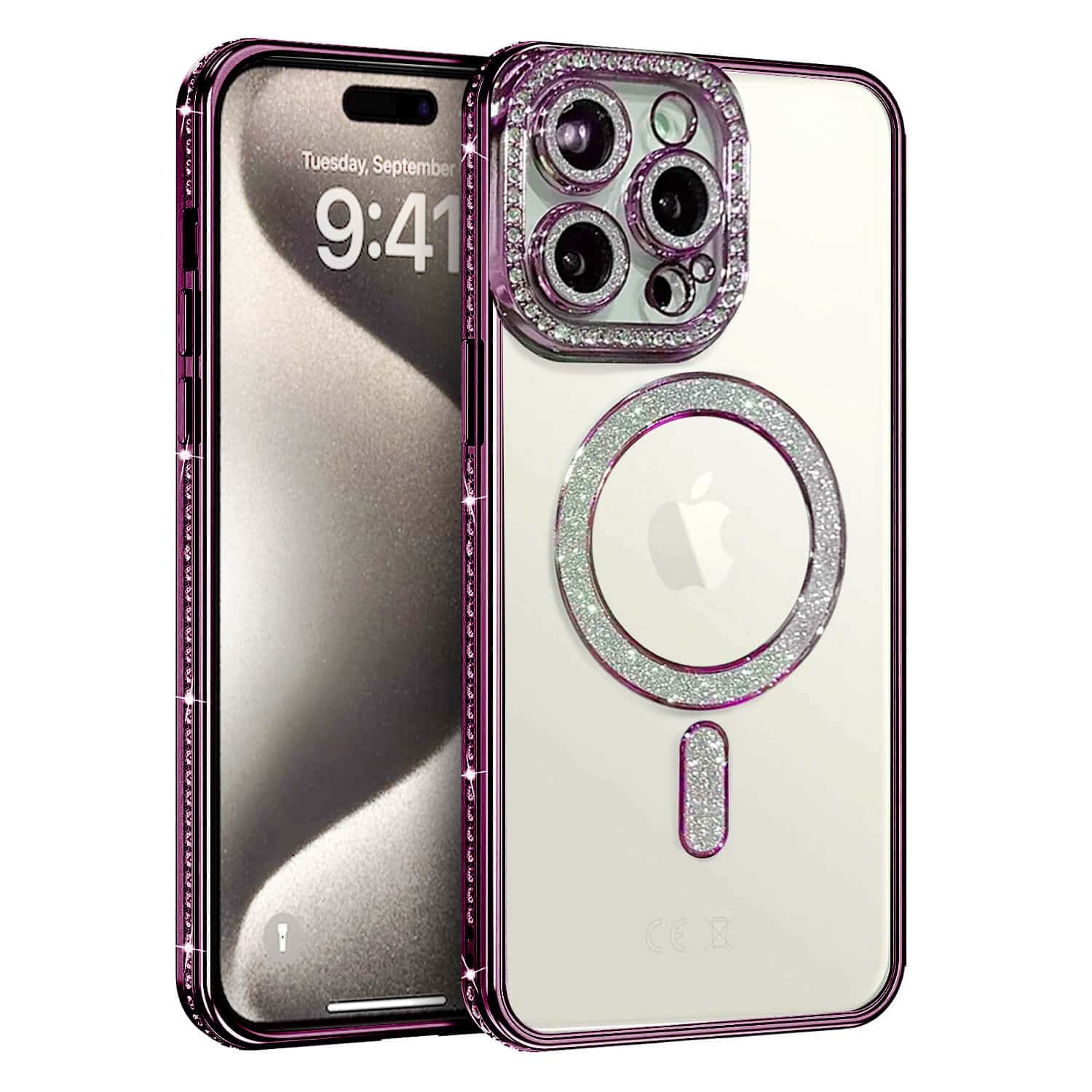 For Apple iPhone 15 Pro Case, MagSafe Magnetic Diamond Rhinestone Glitter Cute Crystal Bling Full Camera Lens Protector Shockproof Cover