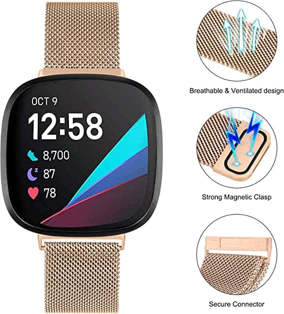 For Fitbit Sense /Fitbit Sense 2 Magnetic Milanese Band Stainless Steel Loop Mesh Wristband Strap Bracelet (Rose Gold)
