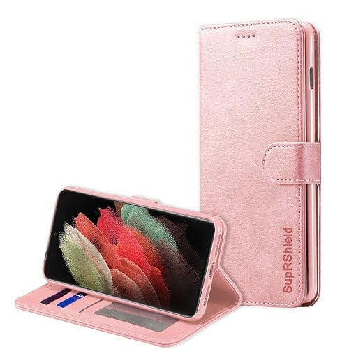 Samsung Galaxy S21 Ultra SupRShield Wallet Leather Card Holder Flip Protective Shockproof Magnetic Case Cover (Rose Gold)