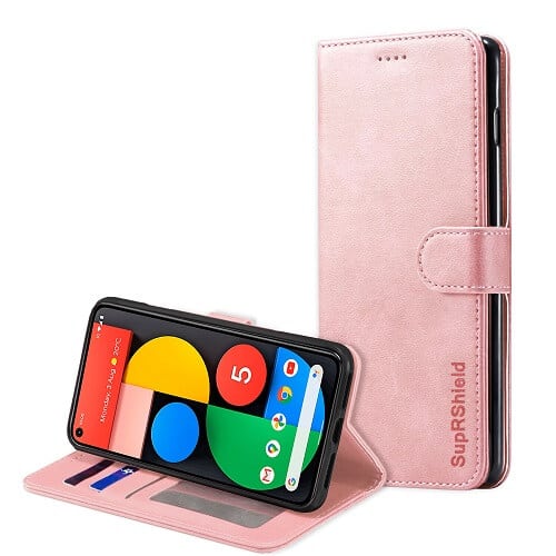 Google Pixel 5 Wallet Case Flip Leather Card Slots Pocket Magnetic Stand Cover (Rose Gold)