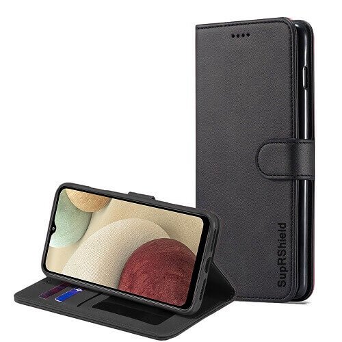 Samsung Galaxy A12 SupRShield Wallet Leather Card Holder Flip Protective Shockproof Case Cover (Black)