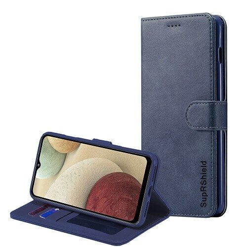 Samsung Galaxy A12 SupRShield Wallet Leather Card Holder Flip Protective Shockproof Case Cover (Navy Blue)