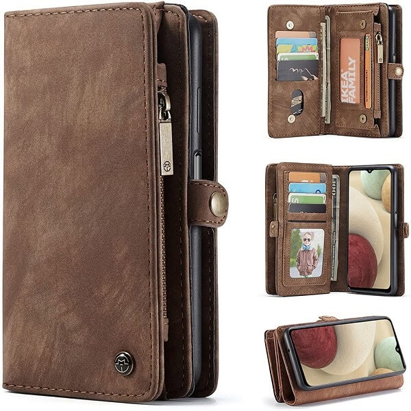 Samsung Galaxy A12 Zipper & Detachable Retro Leather Pouch Wallet Flip Purse Bag Detachable Phone Case Cover (Brown)