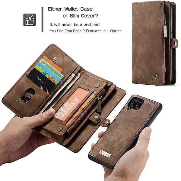 Samsung Galaxy A12 Zipper & Detachable Retro Leather Pouch Wallet Flip Purse Bag Detachable Phone Case Cover (Brown)