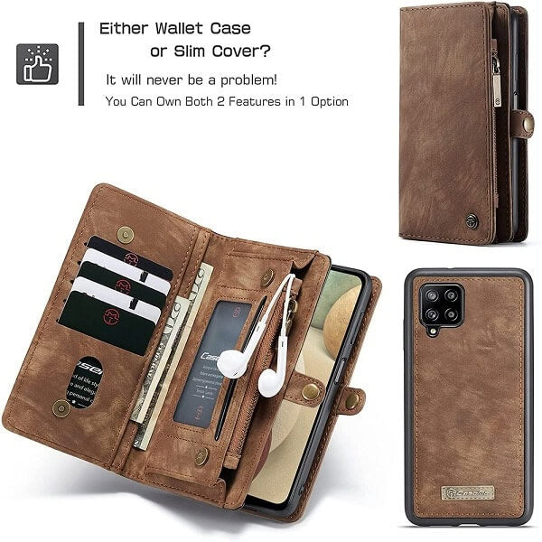 Samsung Galaxy A12 Zipper & Detachable Retro Leather Pouch Wallet Flip Purse Bag Detachable Phone Case Cover (Brown)