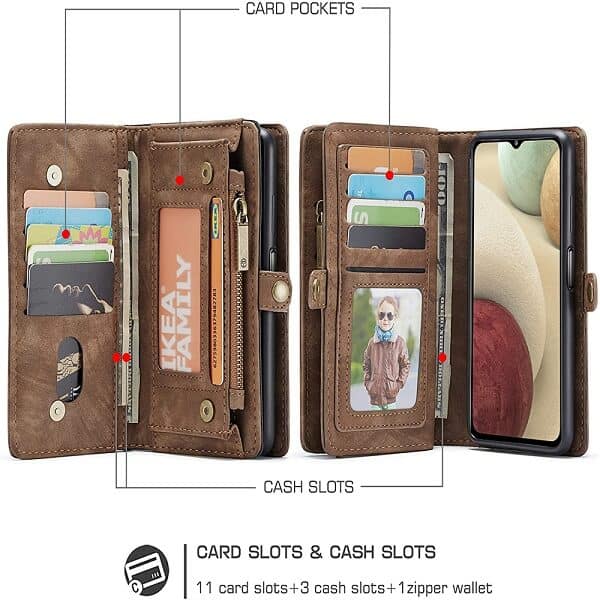 Samsung Galaxy A12 Zipper & Detachable Retro Leather Pouch Wallet Flip Purse Bag Detachable Phone Case Cover (Brown)