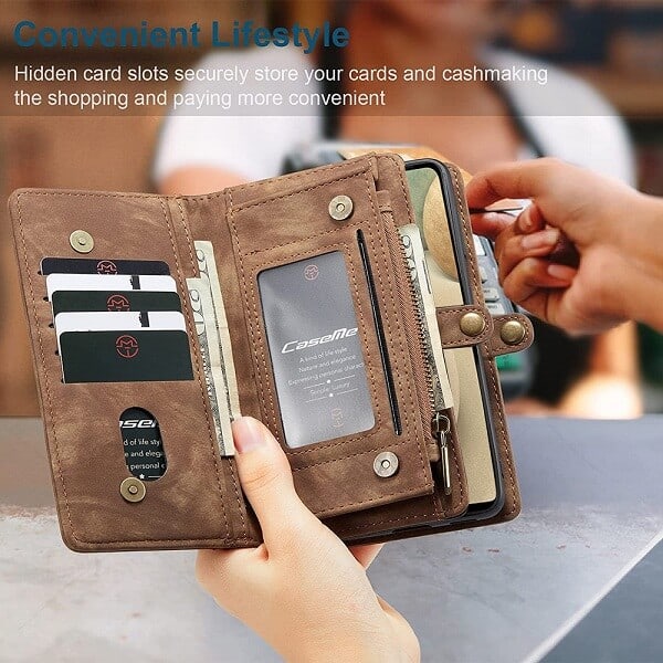 Samsung Galaxy A12 Zipper & Detachable Retro Leather Pouch Wallet Flip Purse Bag Detachable Phone Case Cover (Brown)