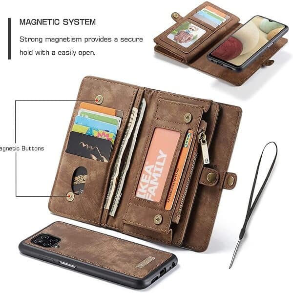 Samsung Galaxy A12 Zipper & Detachable Retro Leather Pouch Wallet Flip Purse Bag Detachable Phone Case Cover (Brown)