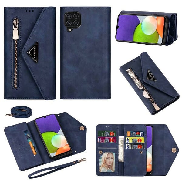 Samsung Galaxy A22 4G Phone Case Wallet N.Bekus Leather Flip Zipper Pocket Magnetic Purse With Strap & Card Holder for Girls Women (Navy Blue)